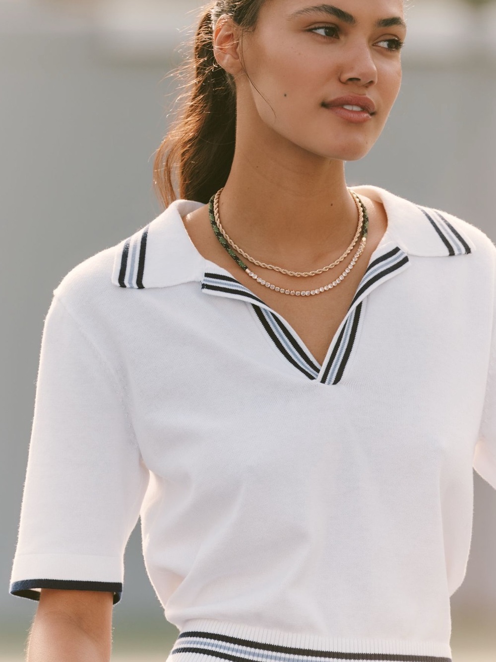 NWT The Upside Archie White Knit Polo Top with Black Trim Small